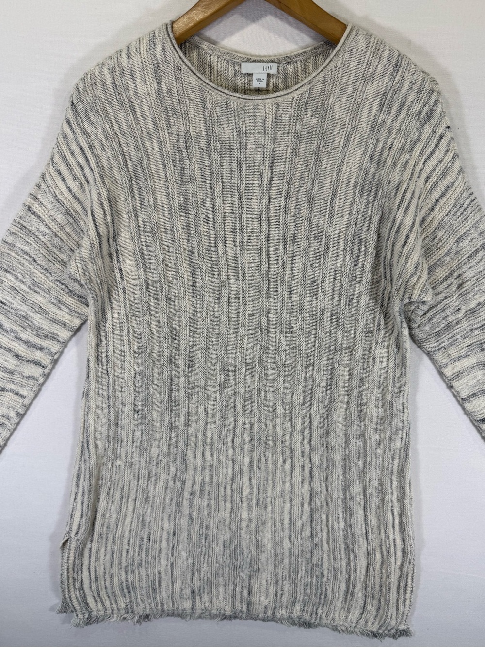 J. Jill Marled Cream and Gray Ribbed Crewneck Sweater with Button Back